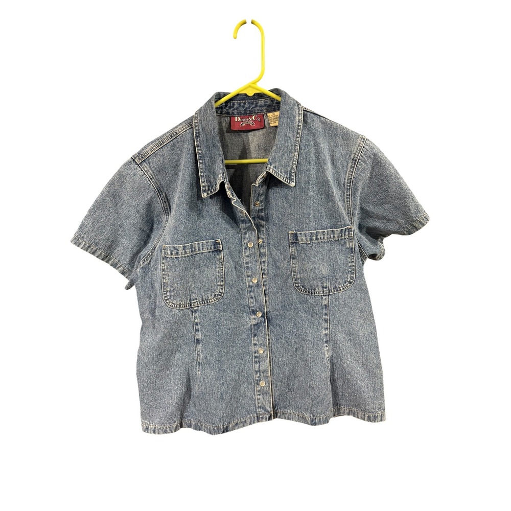 Denim & Co Womens 1X Short Sleeve Denim Shirt Blue Snap Front Cotton Blouse